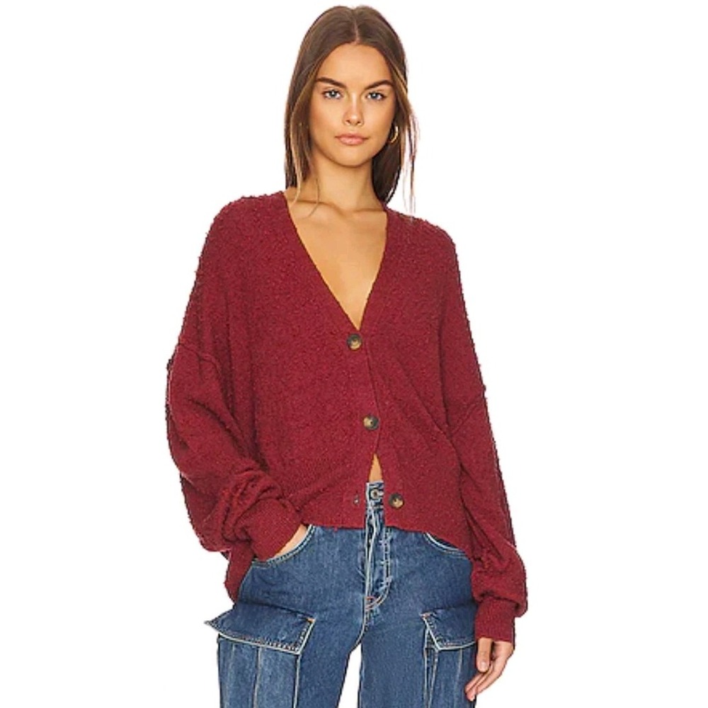Free People Oversized Button-Up Long Sleeve Red Cardigan Alpaca Blend Sweater M